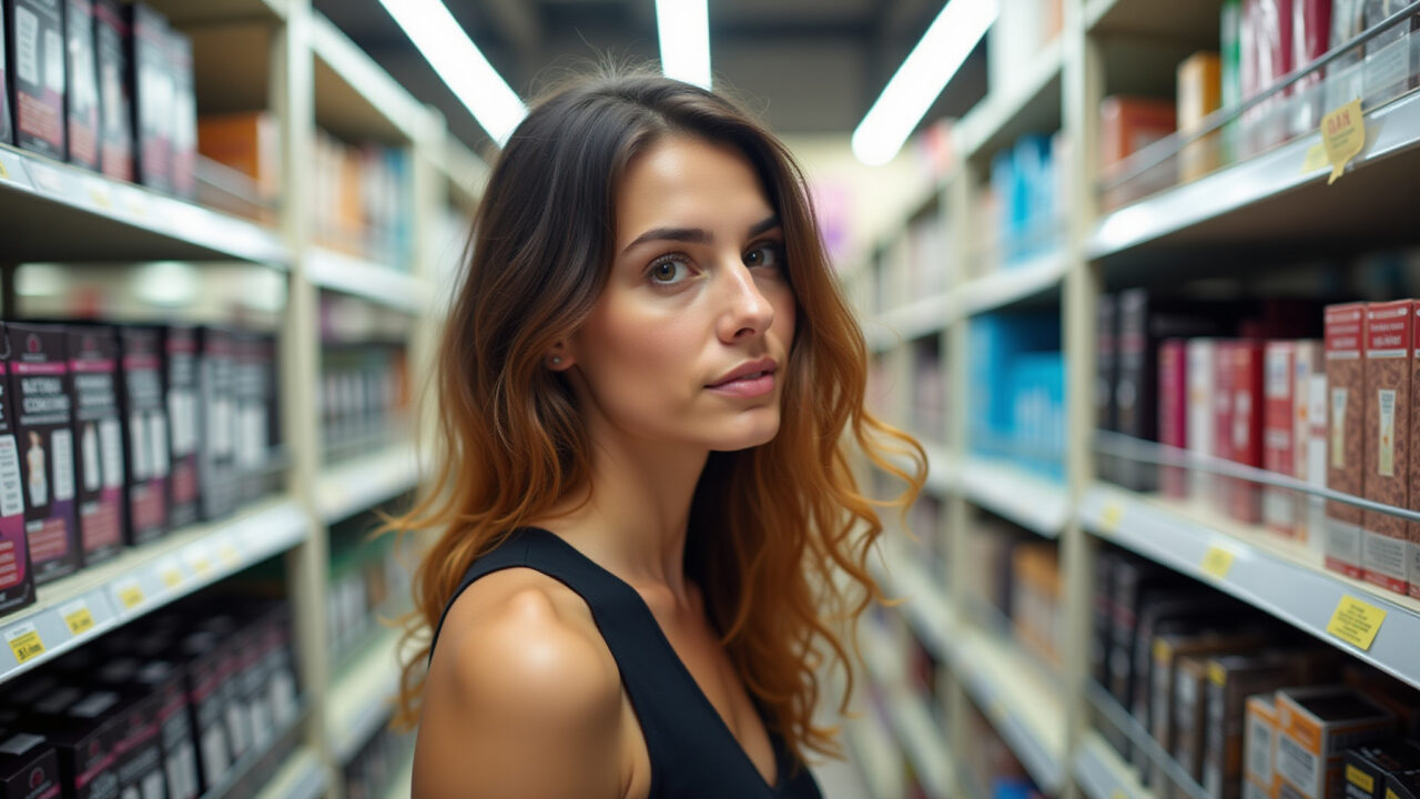 Professional photography of a woman with light skin choosing hair dye colors in a drugstore, ombre Mulher escolhendo a cor ideal para seu ombre hair em uma drogaria.