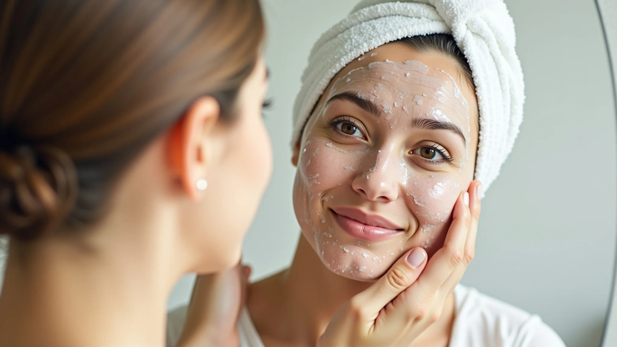 Mulher com pele oleosa aplicando esfoliante facial caseiro de bicarbonato e limão.