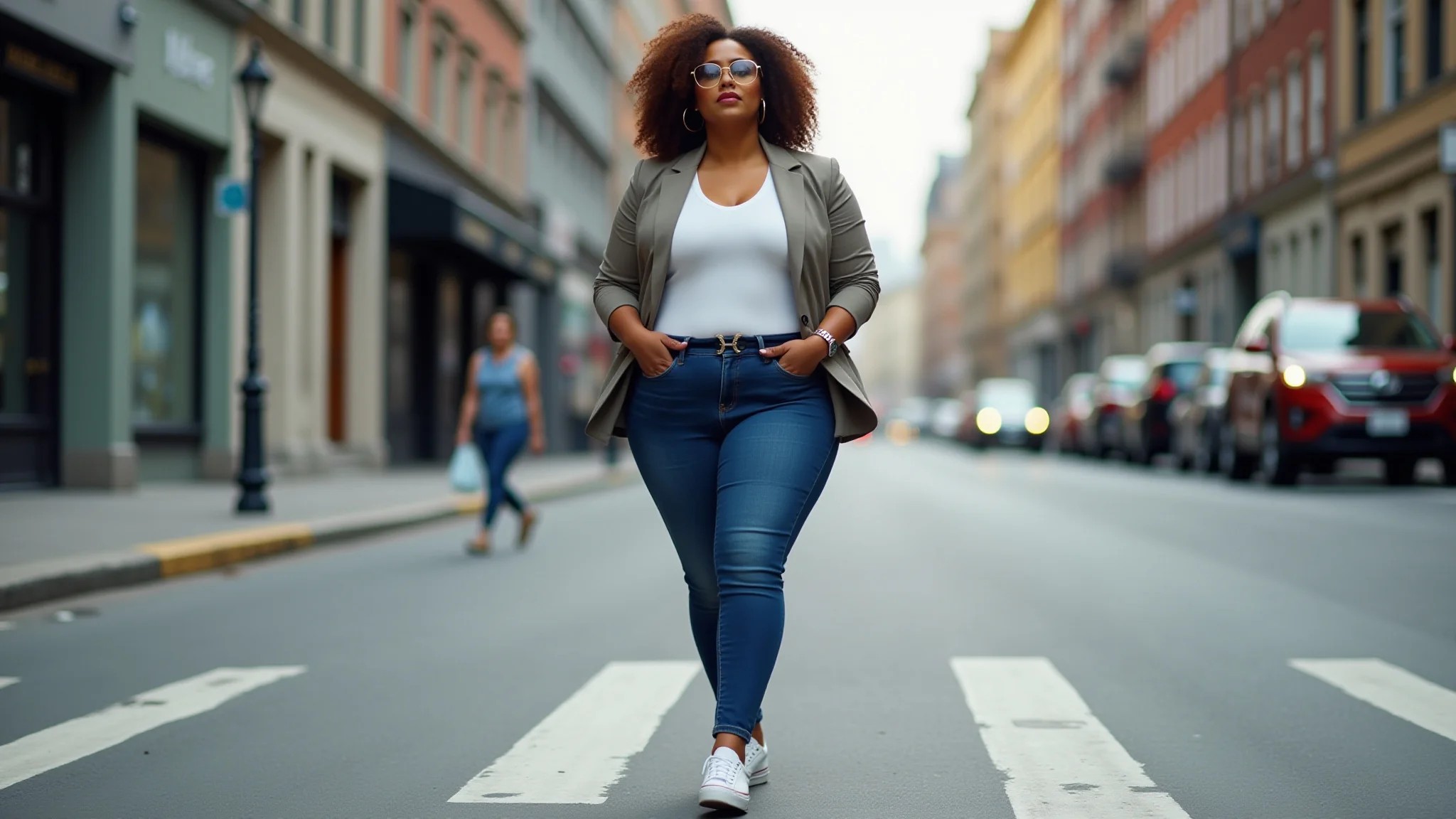 Mulher plus size usando tênis confortável e estiloso com jeans e blazer na rua.