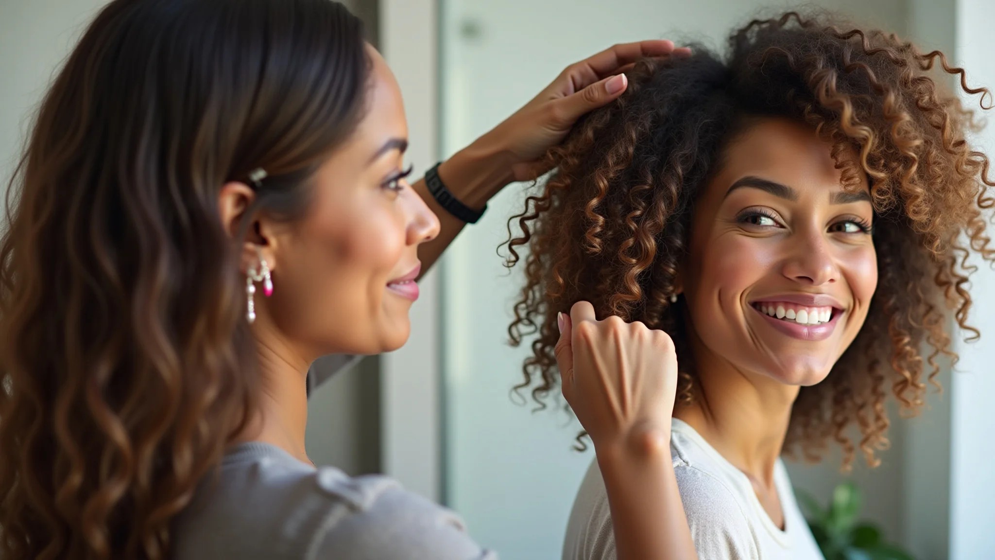 Mulher com cabelo crespo demonstrando aplicação de ativador com método LOC.