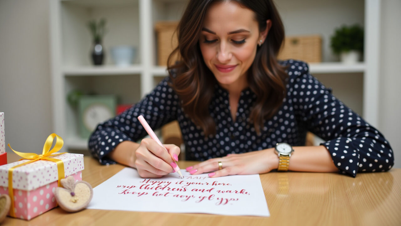 Mulher escrevendo mensagem de amor para o Dia das Crianças.
