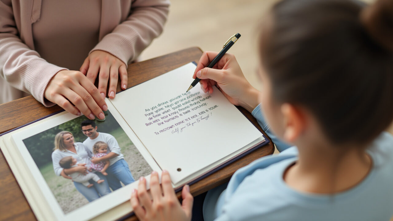 Mulher escrevendo mensagem relembrando momentos especiais para o Dia das Crianças.