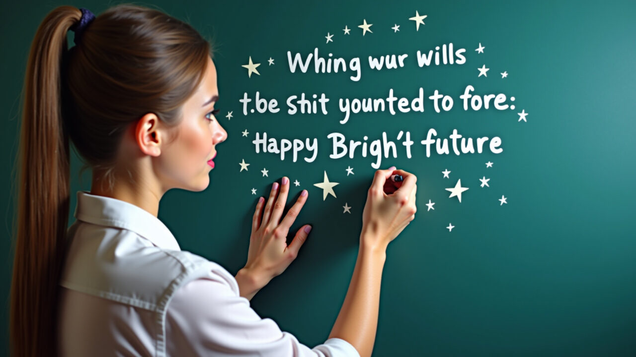 Mulher escrevendo mensagem desejando um futuro brilhante para o Dia das Crianças.