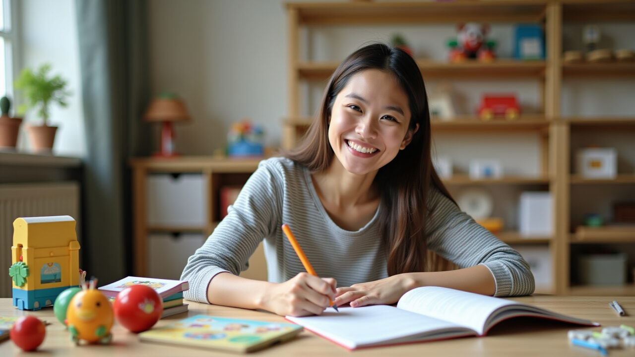 Mulher escrevendo mensagem valorizando a infância para o Dia das Crianças.