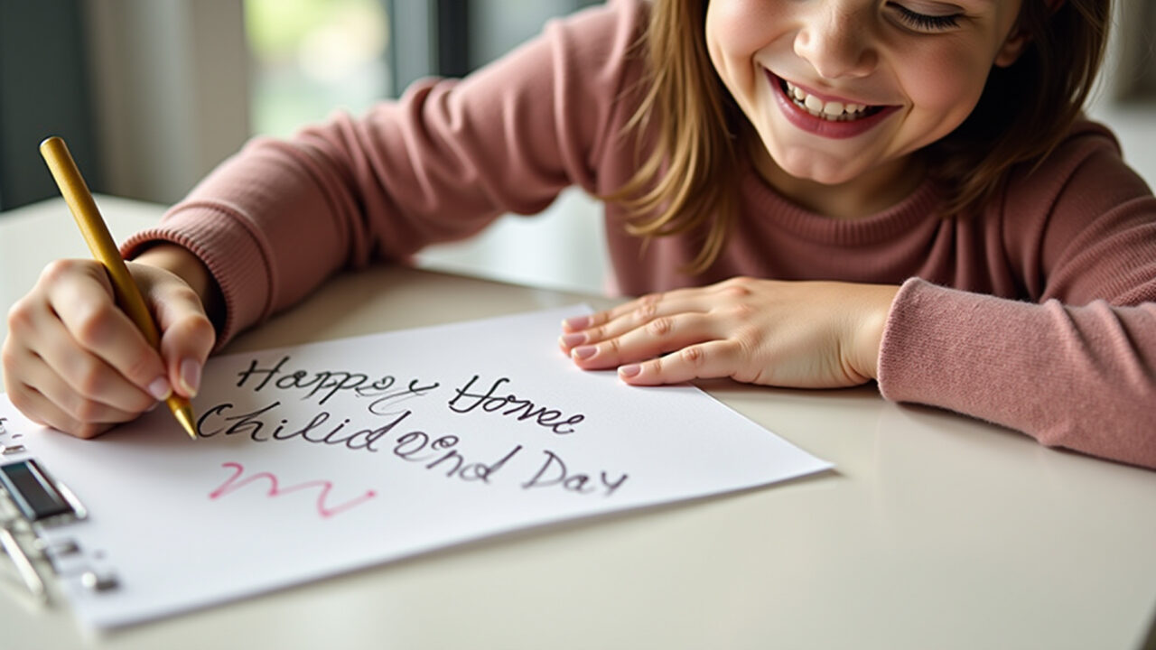 Mulher escrevendo mensagem personalizada com o nome da criança para o Dia das Crianças.