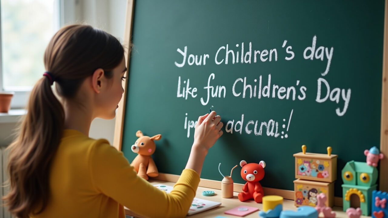 Mulher escrevendo promessa de atividades divertidas para o Dia das Crianças.