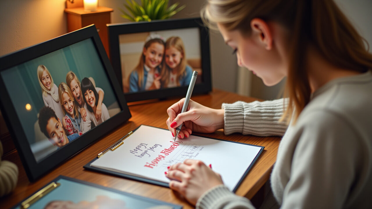 Mulher escrevendo mensagem de agradecimento para o Dia das Crianças.