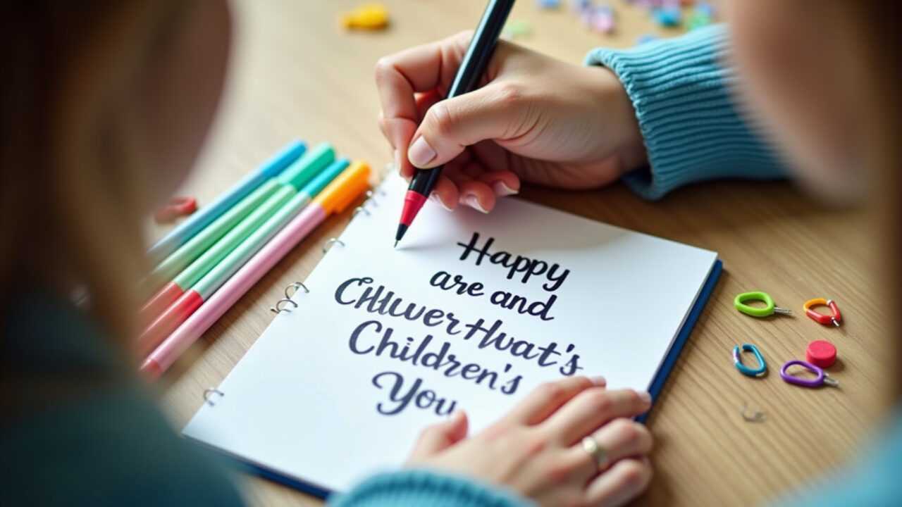 Mulher escrevendo mensagem inspiradora para o Dia das Crianças.