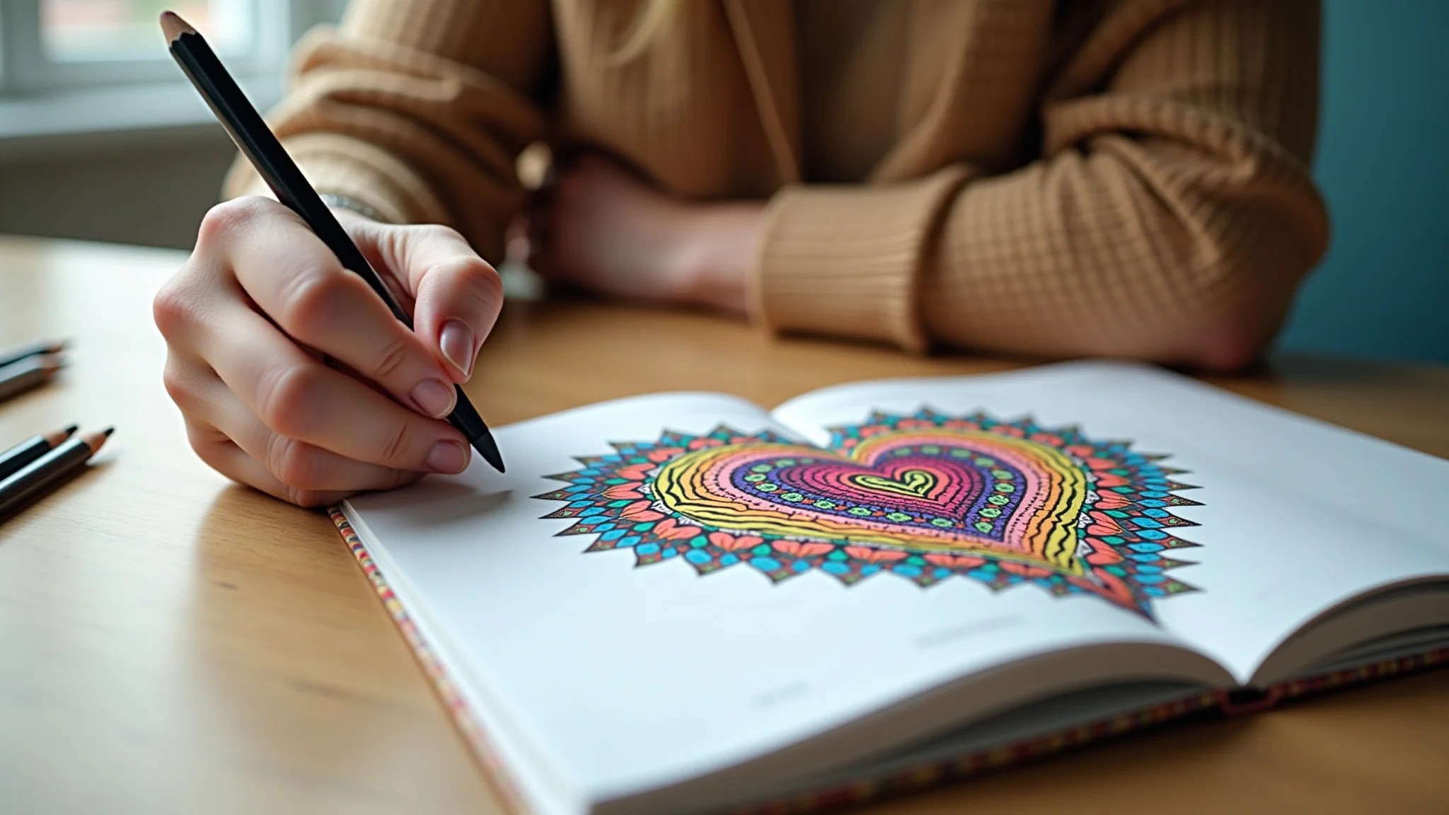 Mãos de mulher colorindo mandala de coração em livro de colorir, ambiente relaxante.