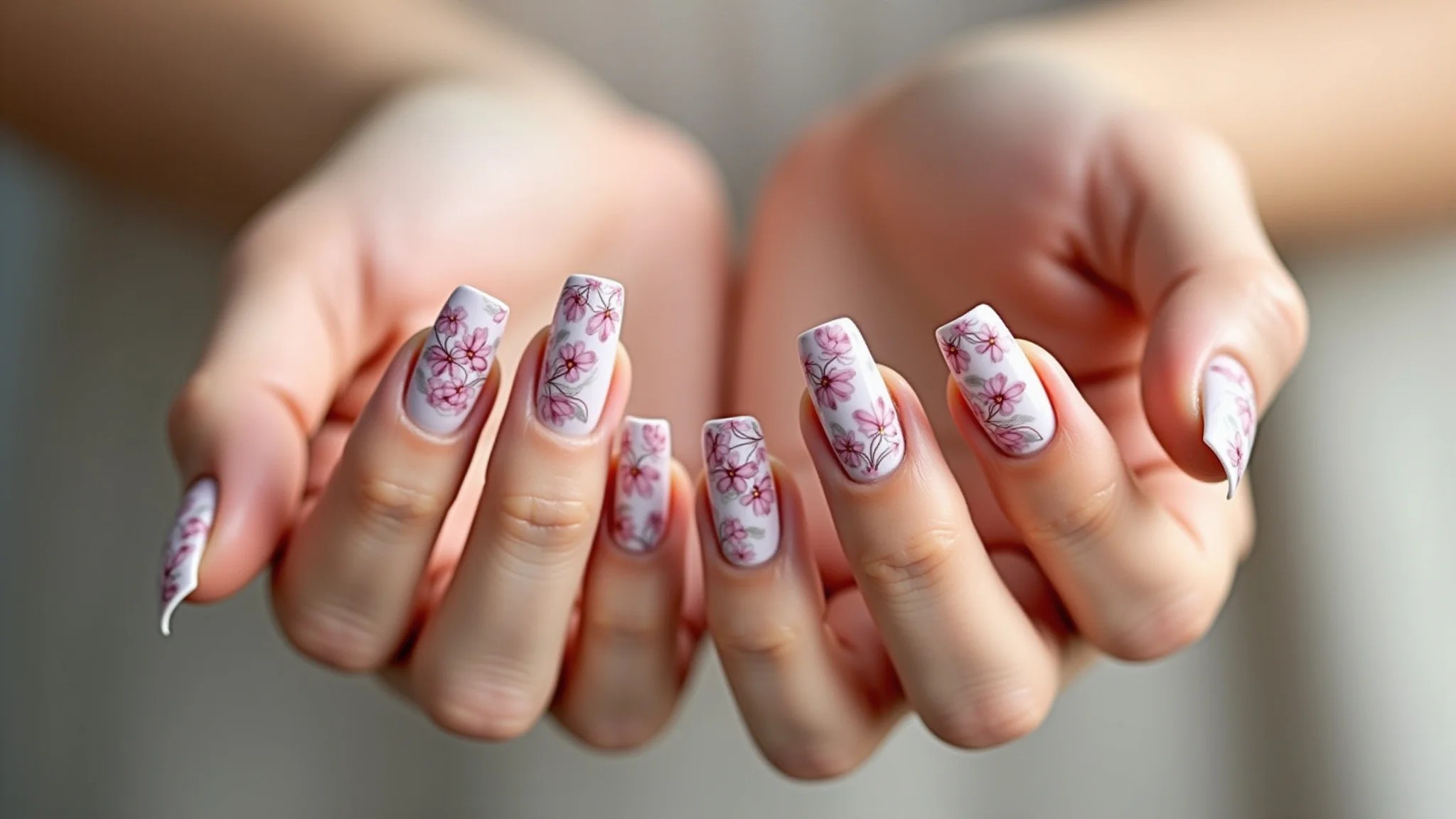 Mãos femininas com delicada nail art floral rosa.