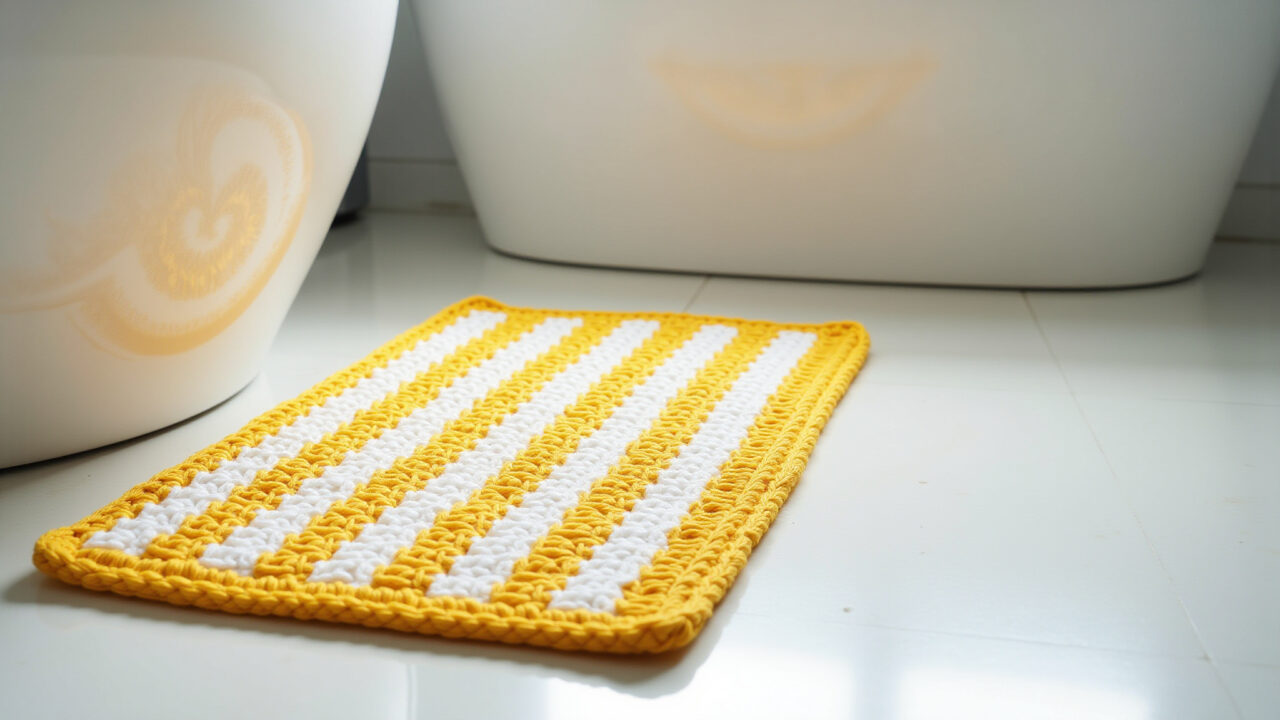 Professional photography of a yellow and white striped crochet bathroom rug, minimalist Brazilian Tapete de crochê listrado amarelo e branco.