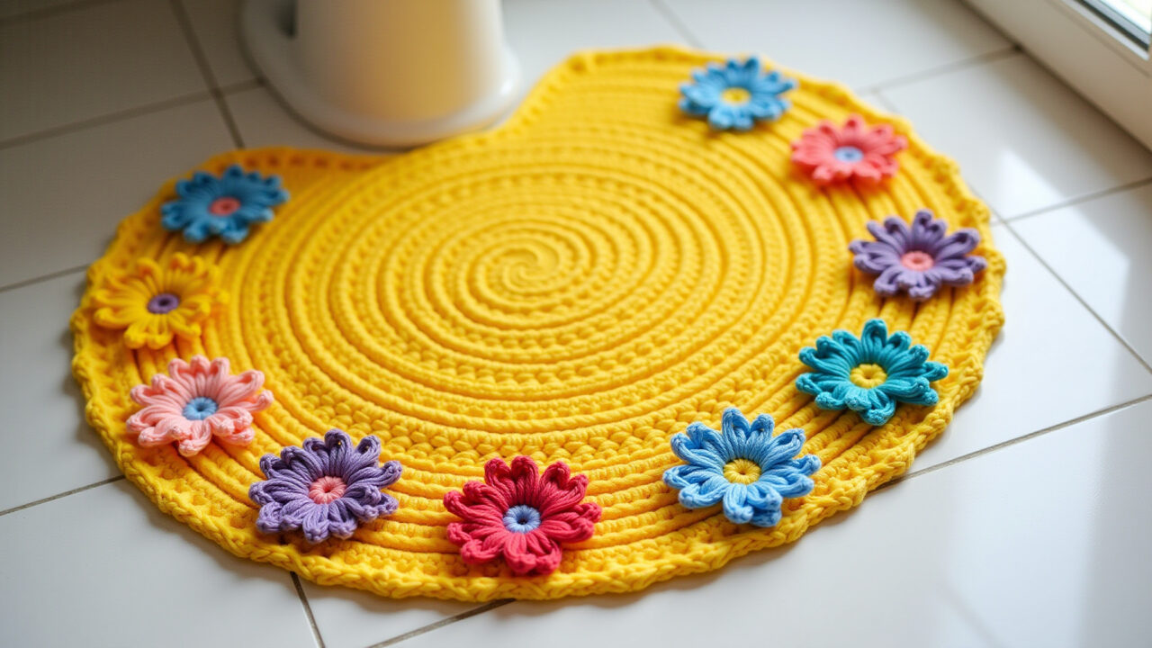 Professional photography of a yellow crochet bathroom rug with colorful crochet flowers, Brazilian Tapete de crochê amarelo com flores coloridas.