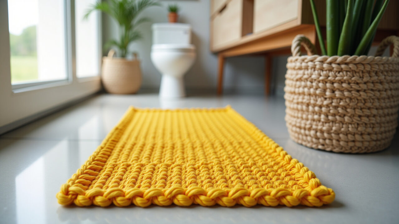Professional photography of a yellow crochet bathroom rug with textured popcorn stitch, modern Tapete de crochê amarelo com ponto pipoca.