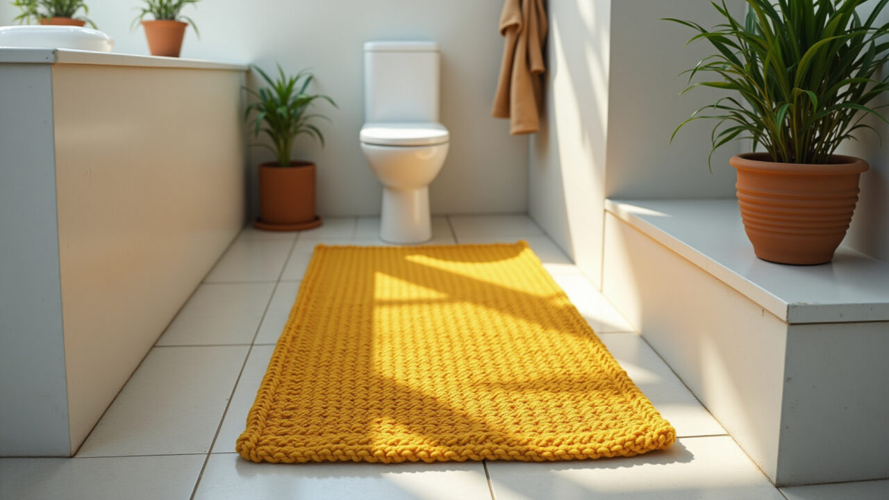 Professional photography of a yellow crochet bathroom rug made with eco-friendly yarn, sustainable Tapete de crochê amarelo feito com barbante ecológico.
