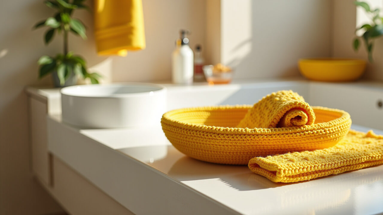 Professional photography of a yellow crochet bathroom set with Tunisian crochet texture, modern Jogo de banheiro amarelo com crochê tunisiano.
