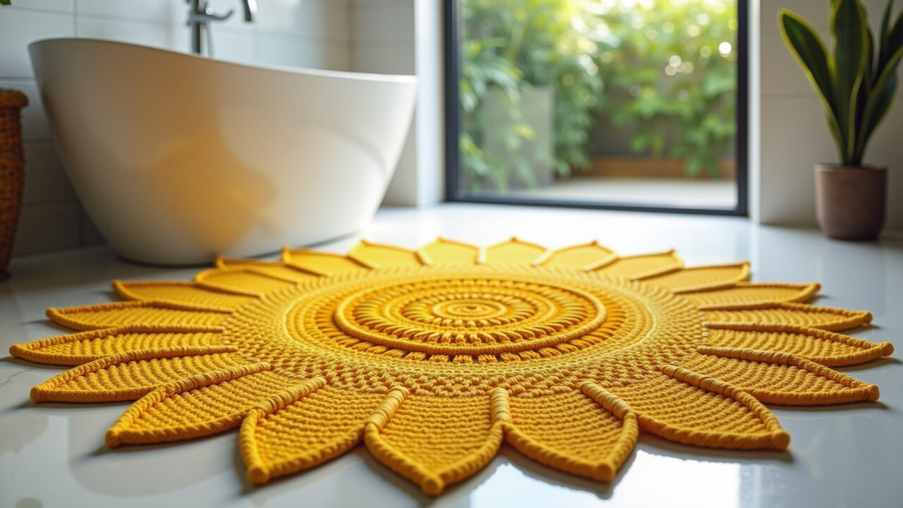 Professional photography of a yellow crochet rug shaped like a sunflower in a bright Brazilian Tapete de crochê amarelo em formato de girassol.