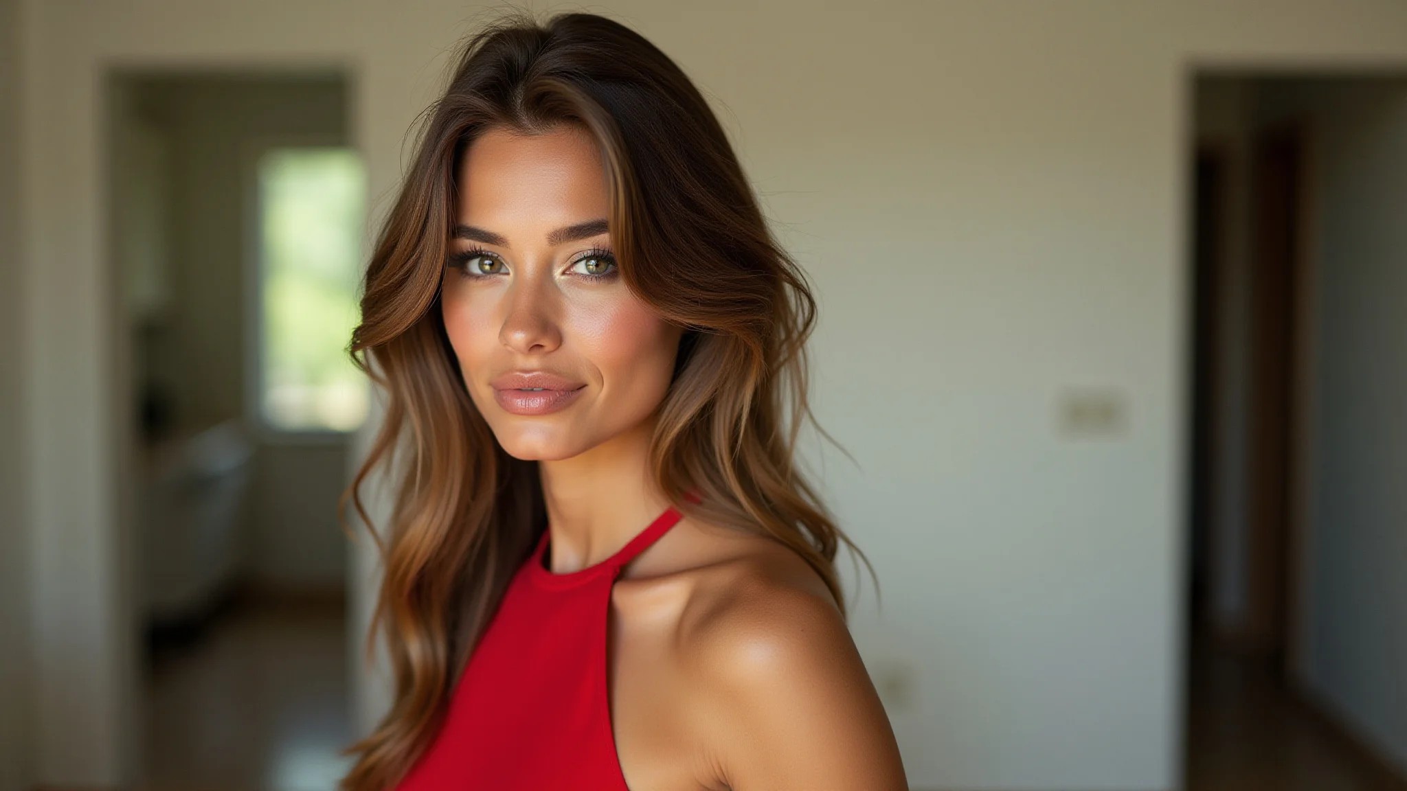 Jovem brasileira de pele clara usando batom nude e vestido vermelho estiloso, iluminação brilhante, estilo Farm Rio.