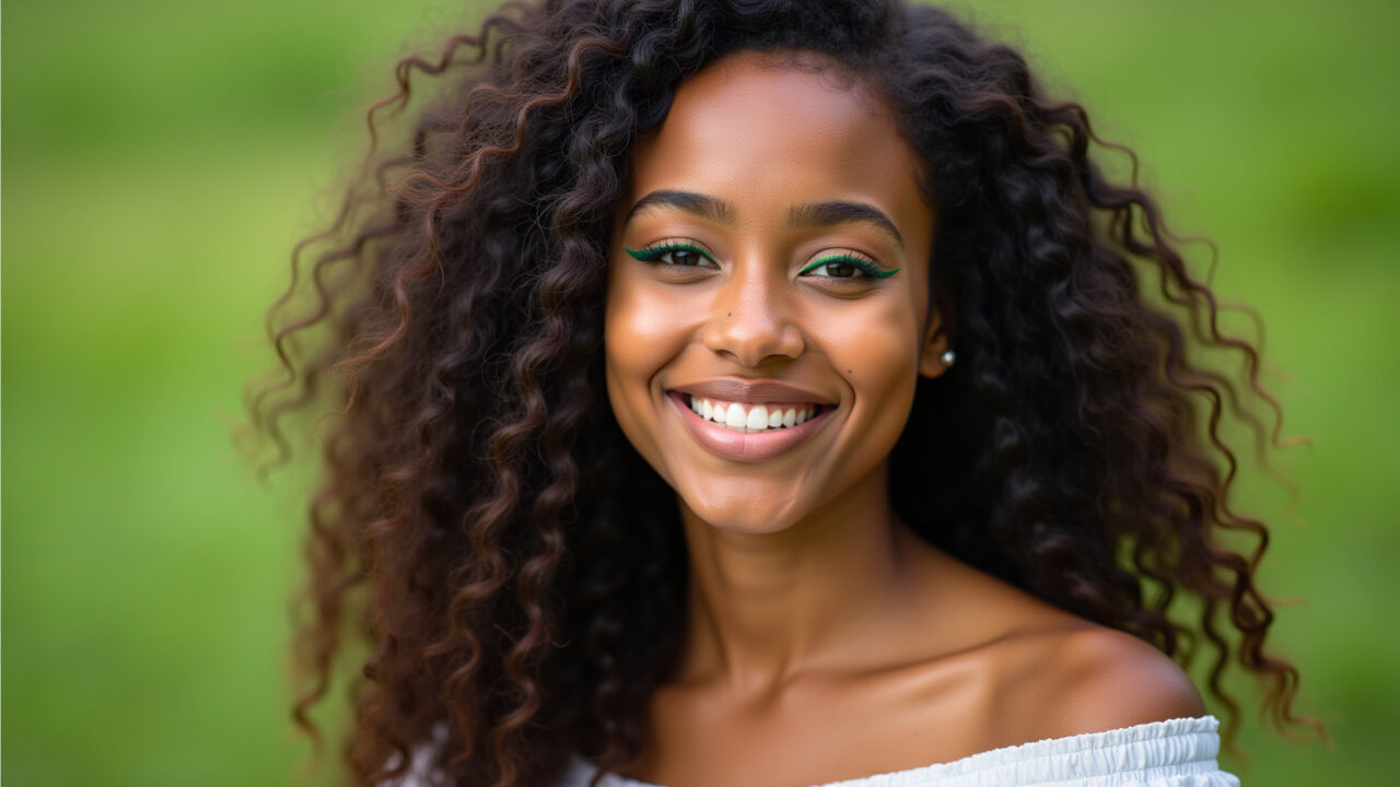 Delineado verde natural em uma mulher negra brasileira.