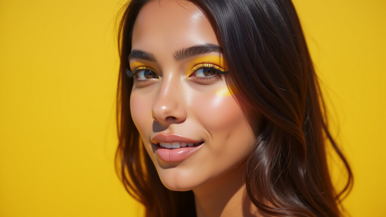 Delineado amarelo alegre em uma jovem brasileira.