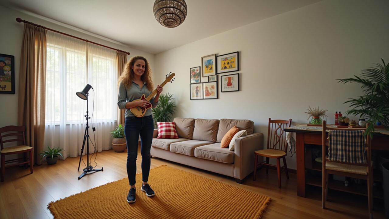 Professional photography of an adult woman setting up a stage for a talent show in her living room, Mulher preparando palco para show de talentos no Dia das Crianças.