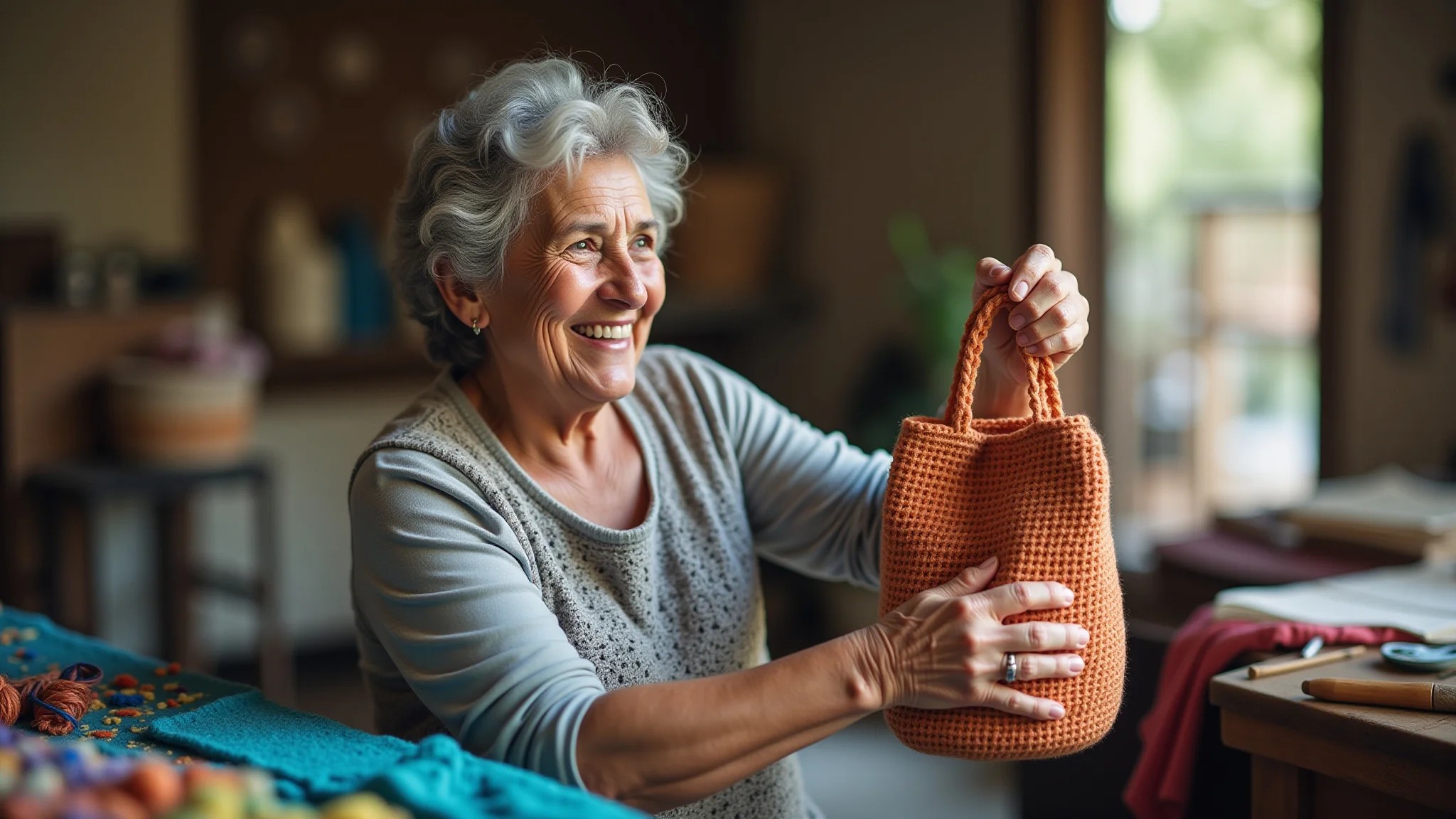 Artesã brasileira sorrindo e segurando bolsa de crochê com alça de madeira em sua oficina.