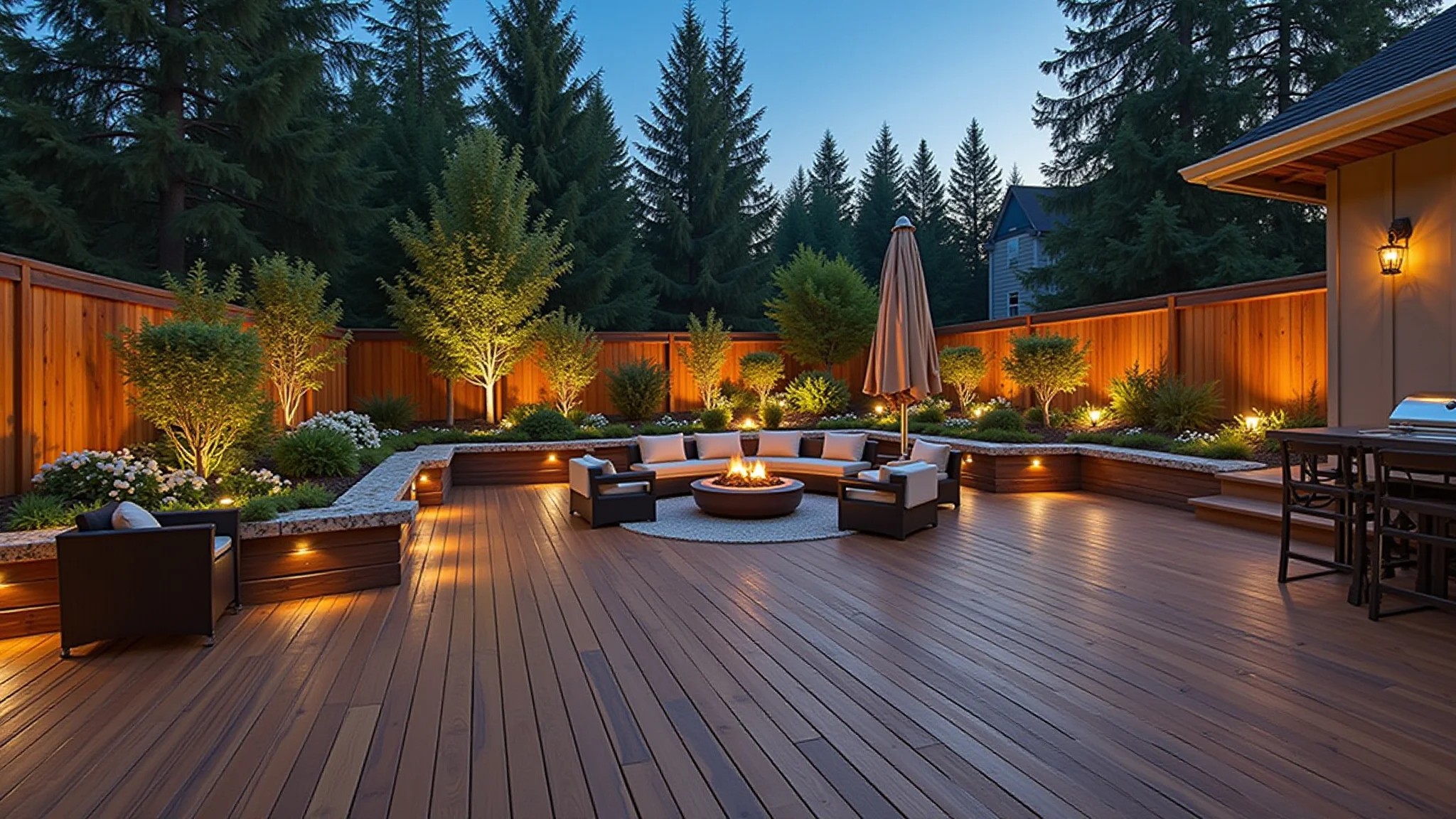 Área externa renovada com deck de madeira, paisagismo e iluminação indireta.