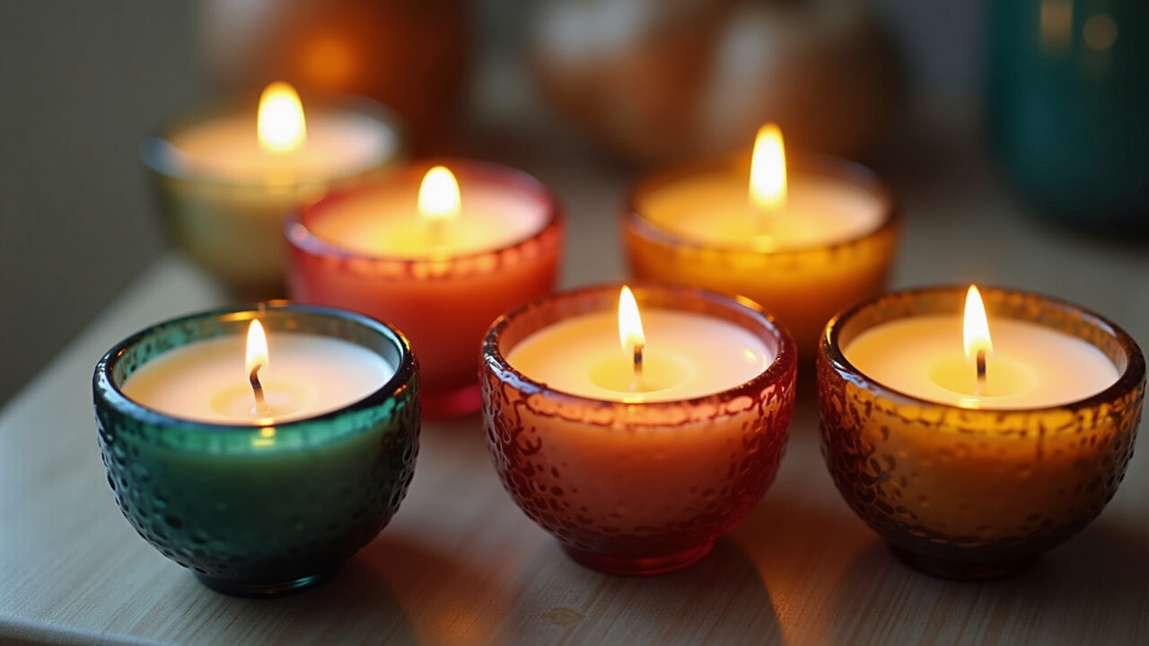 Velas aromáticas em recipientes decorados para presente artesanal.