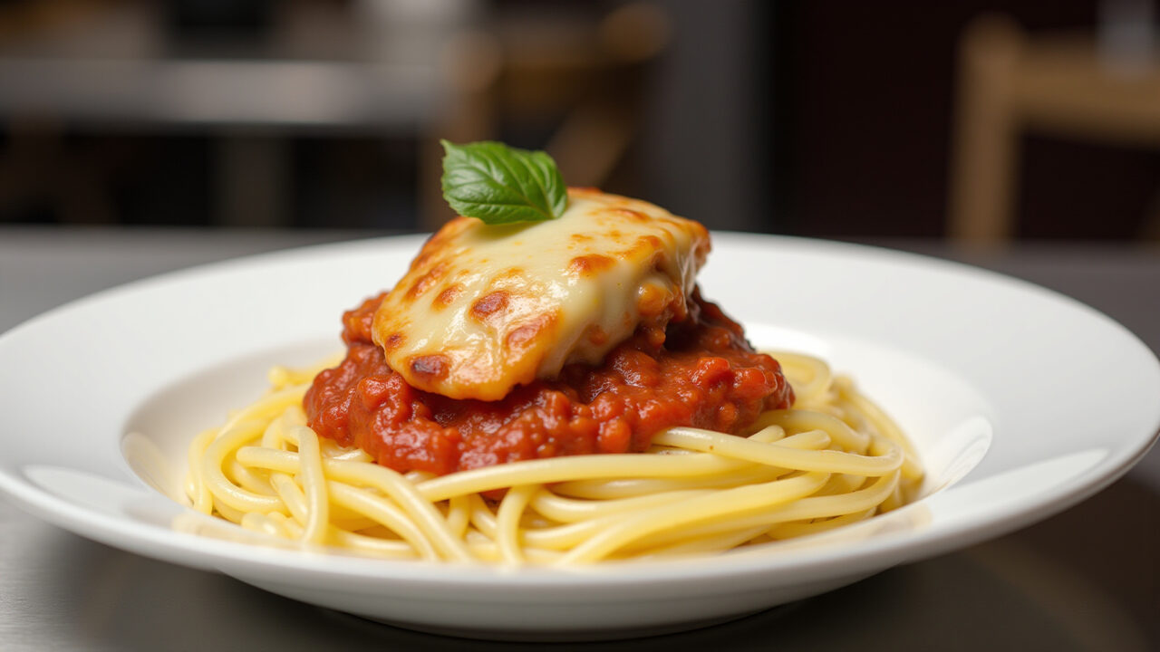 Bife à Parmegiana com queijo derretido e espaguete.