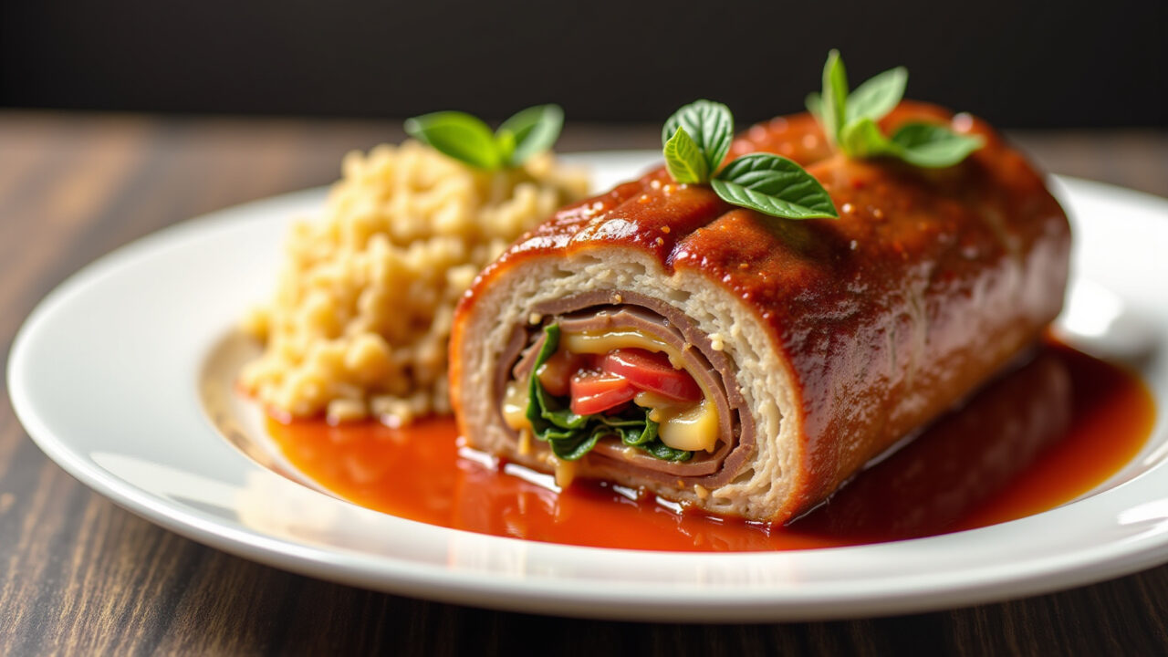 Bife à Rolê recheado com bacon e legumes, servido com arroz.