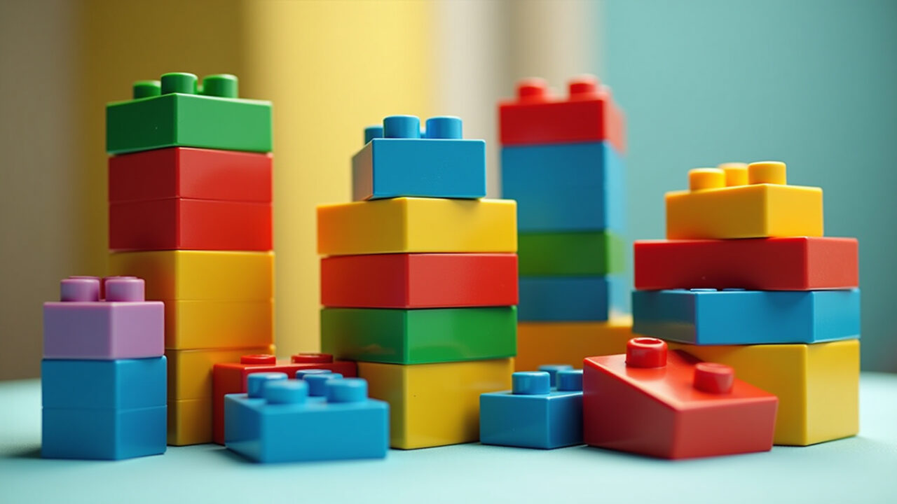 Blocos de montar coloridos dispostos de forma criativa.