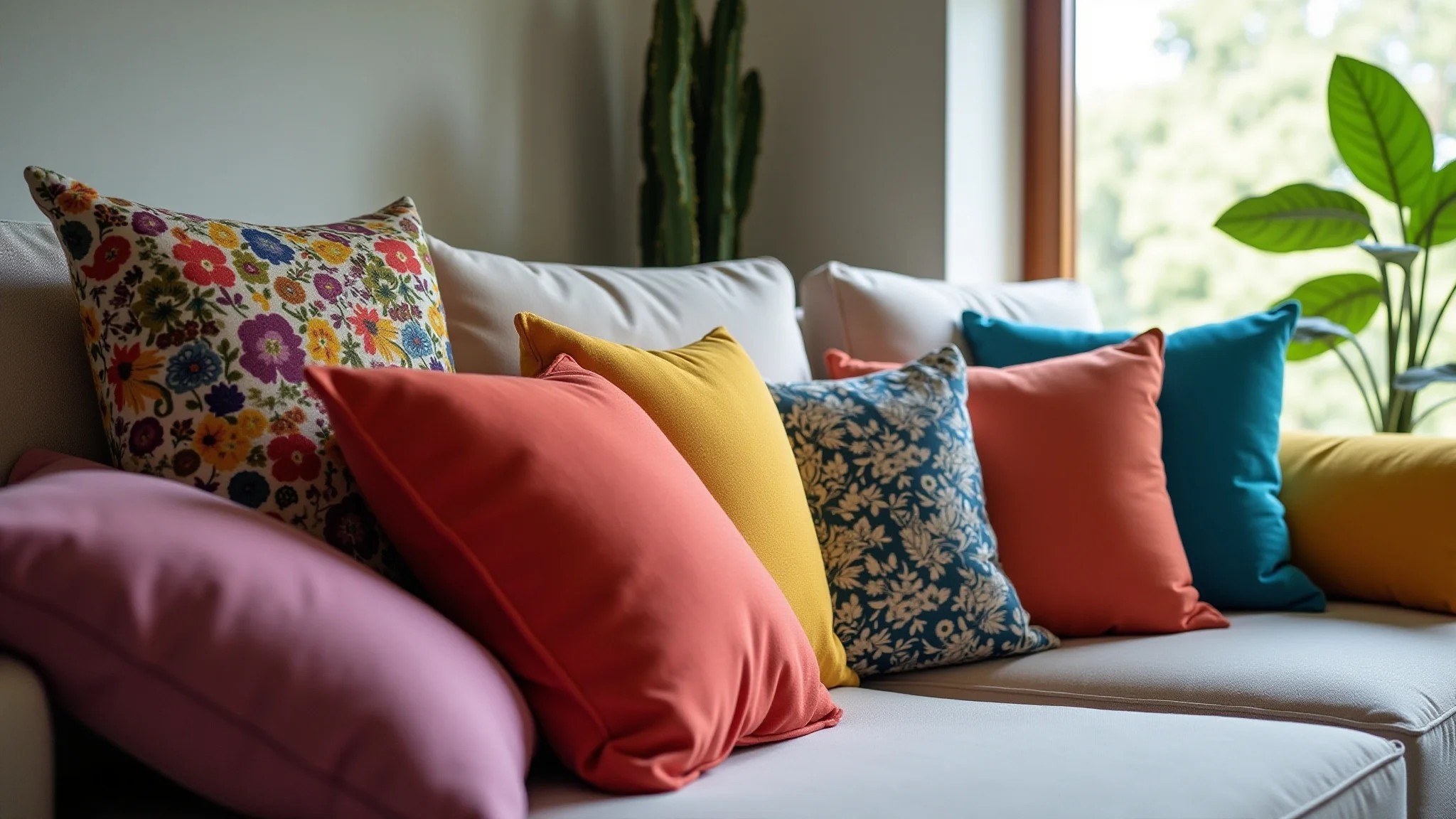 Almofadas coloridas em um sofá, sala de estar com estilo brasileiro e iluminação natural.