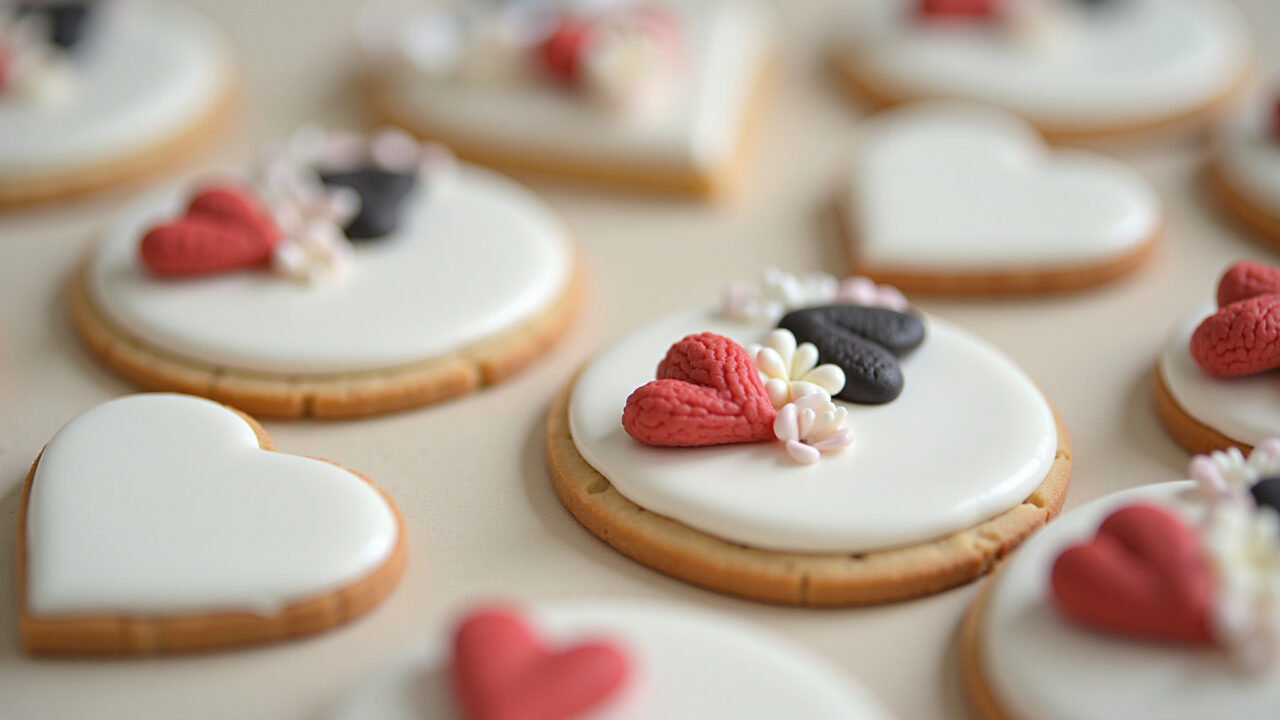 Biscoitos decorados com temas do casamento como lembrancinhas.