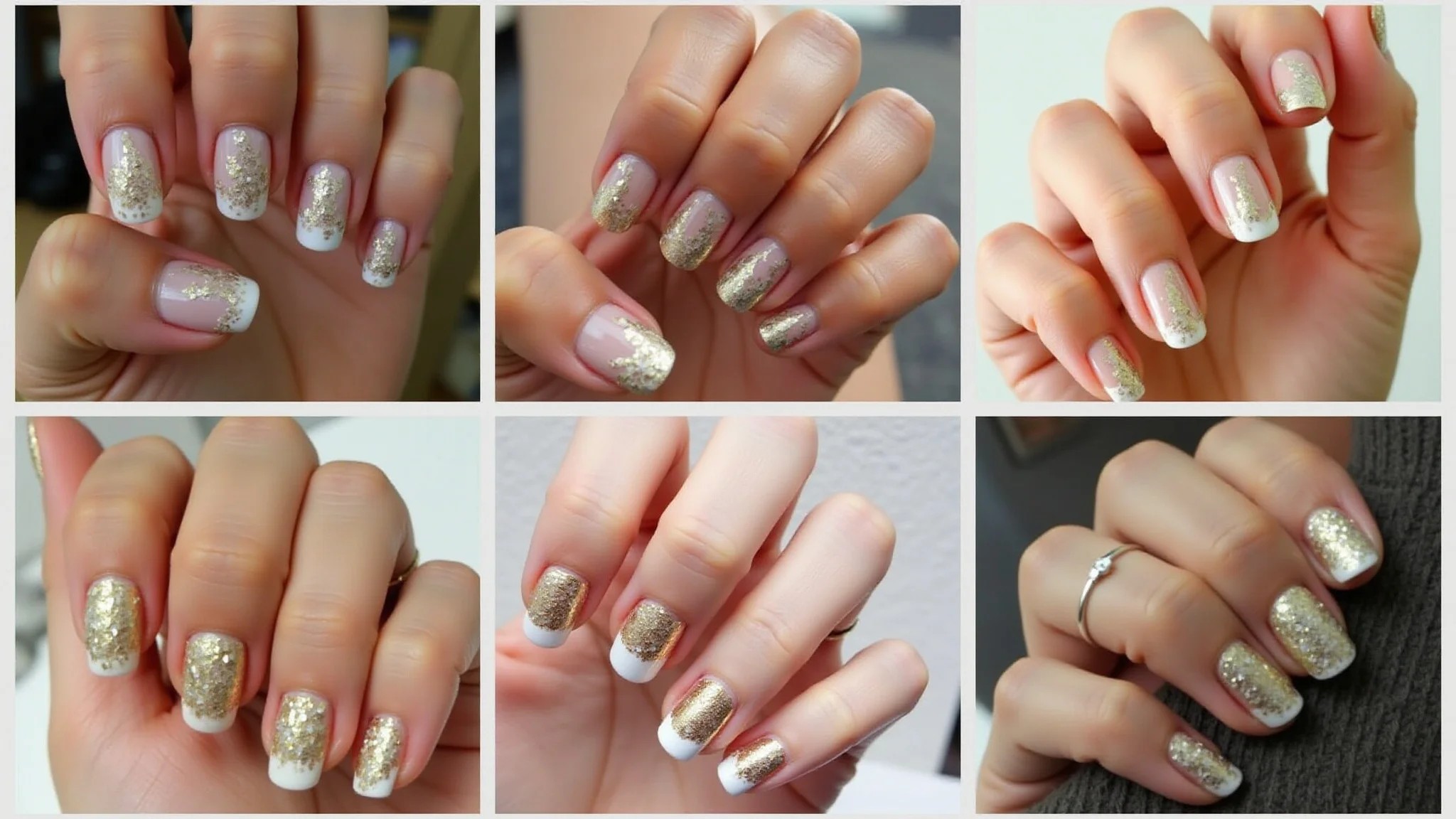Mãos diversas exibindo diferentes designs de unhas com folha de ouro: geométrico, francesinha, cobertura total.