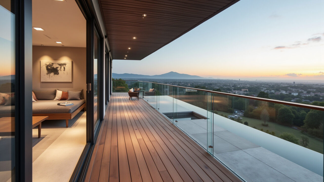 Professional photography of elegant coverings on a double height balcony, wood floors, porcelain Revestimentos elegantes em varanda com pé direito duplo.