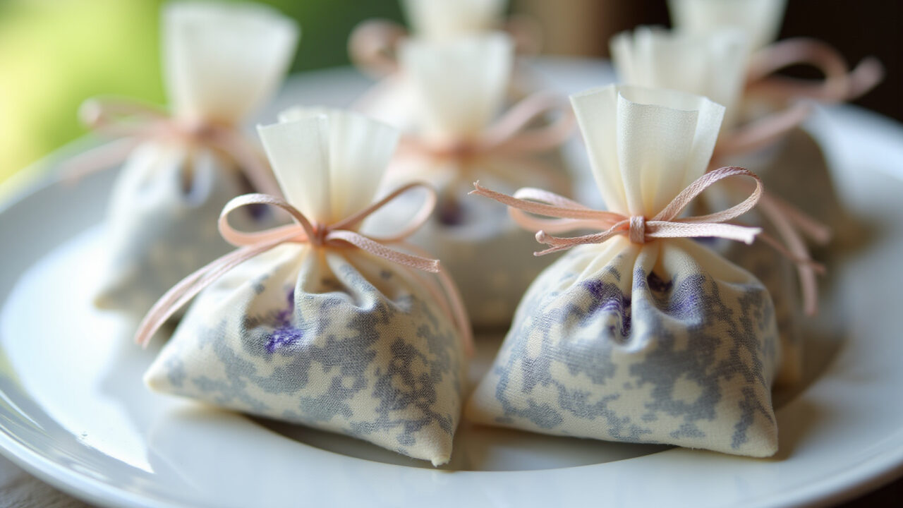 Sachês perfumados com ervas aromáticas como lembrancinhas de casamento.