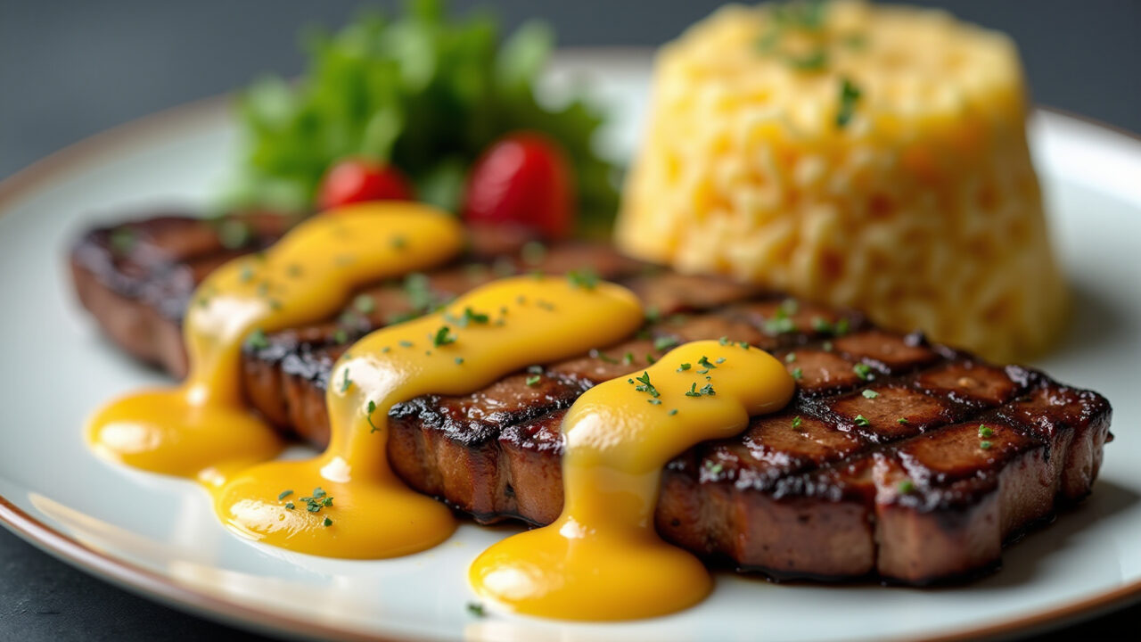 Bife com molho de maracujá, arroz de coco e salada.