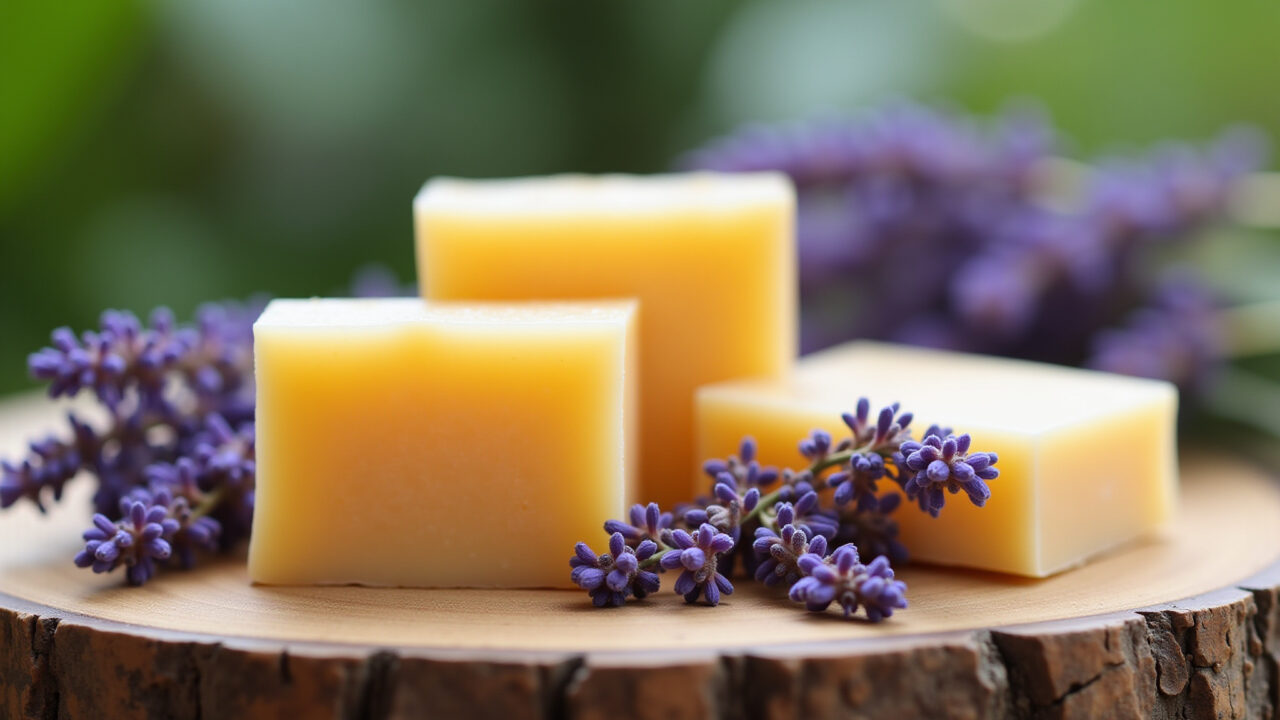 Sabonetes artesanais com lavanda e ingredientes naturais.