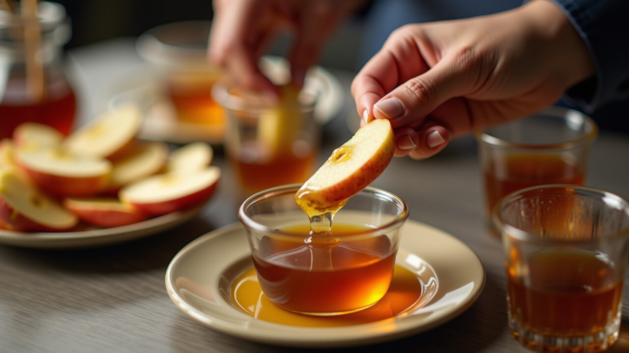 Mãos mergulhando maçã no mel em Rosh Hashaná.
