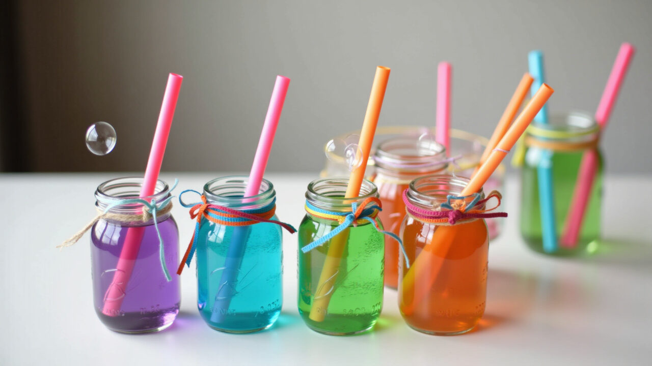 Bolhas de sabão mágicas em potinhos decorados.