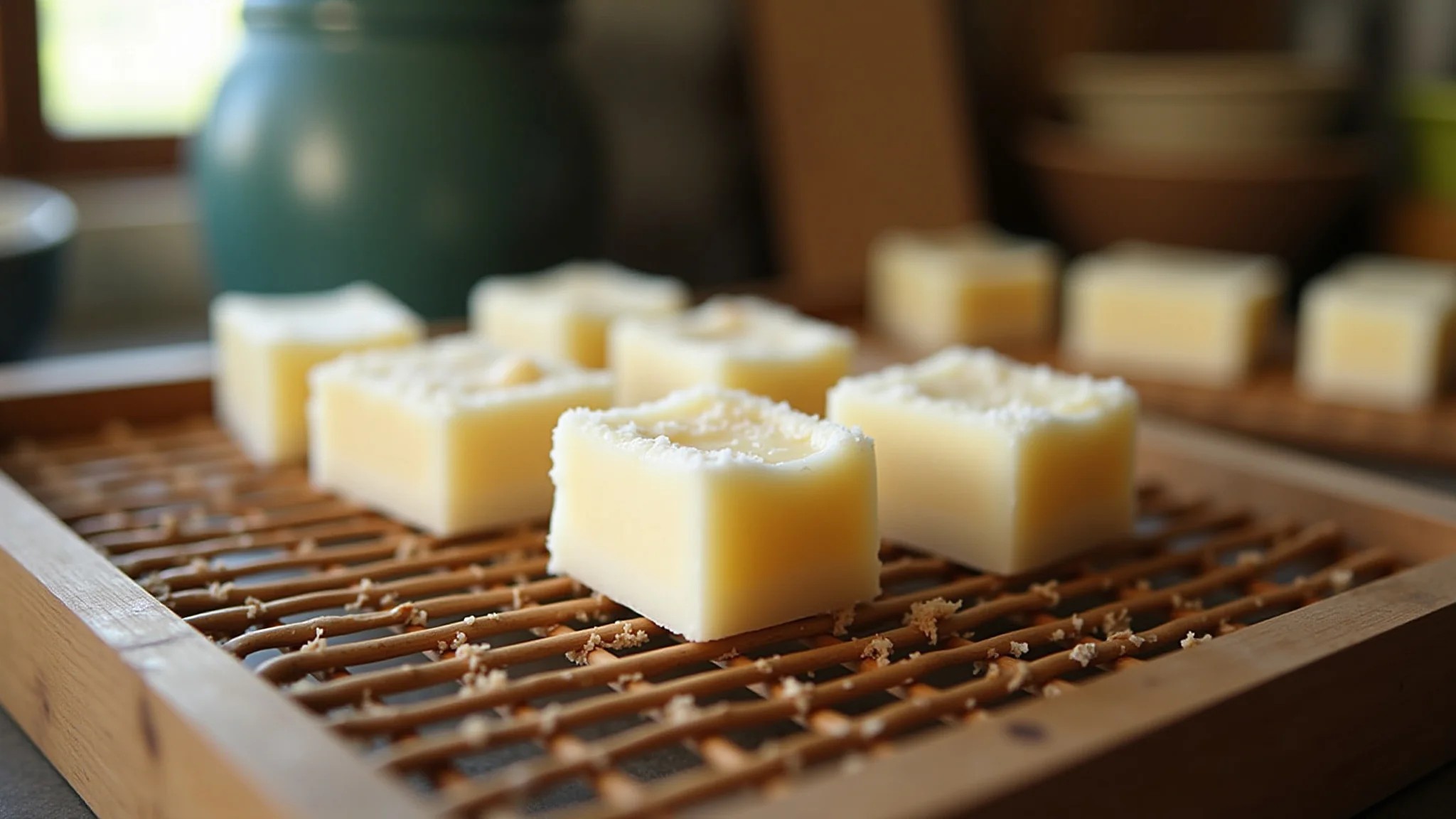 Barras de sabão de coco caseiro secando em uma prateleira de madeira rústica.