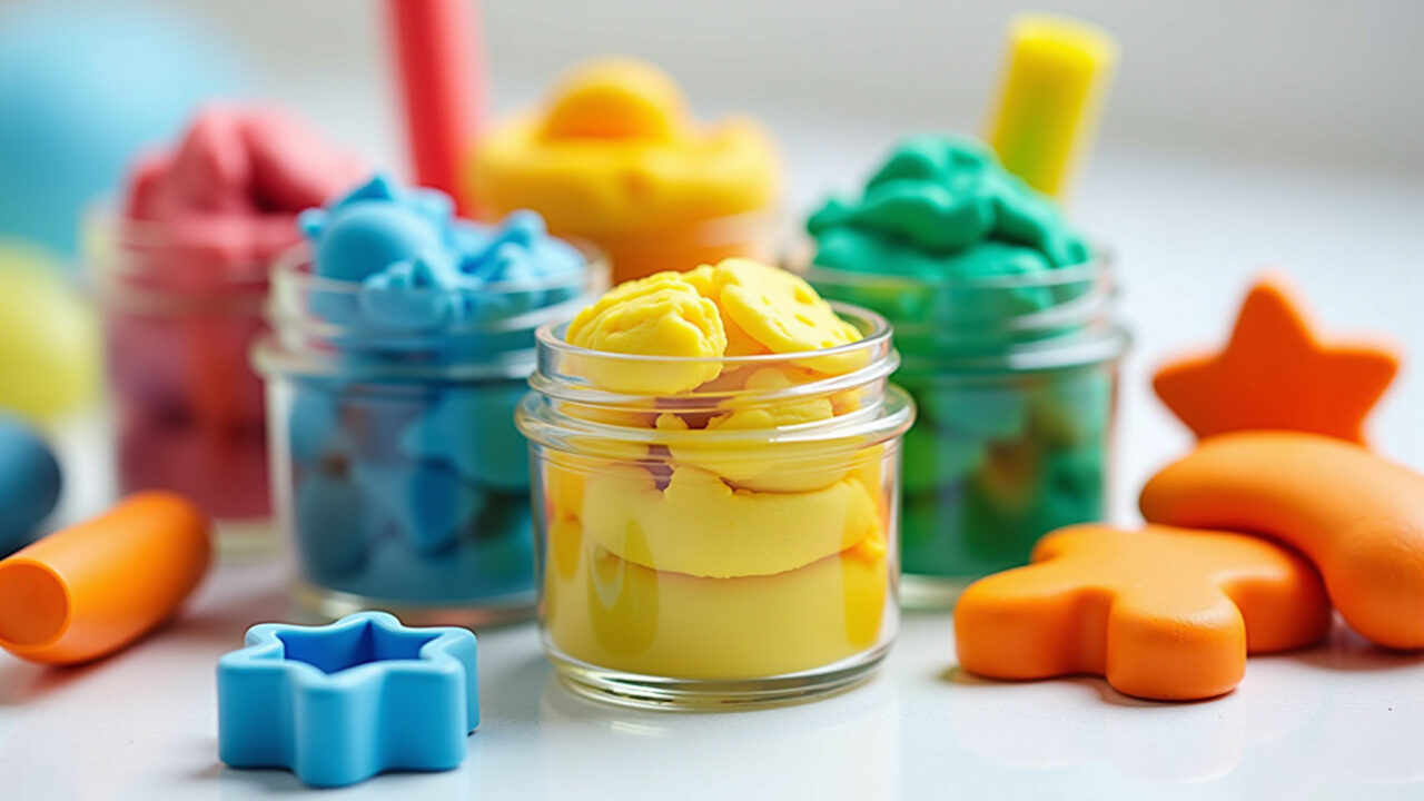 Massinha caseira colorida em potes com moldes.