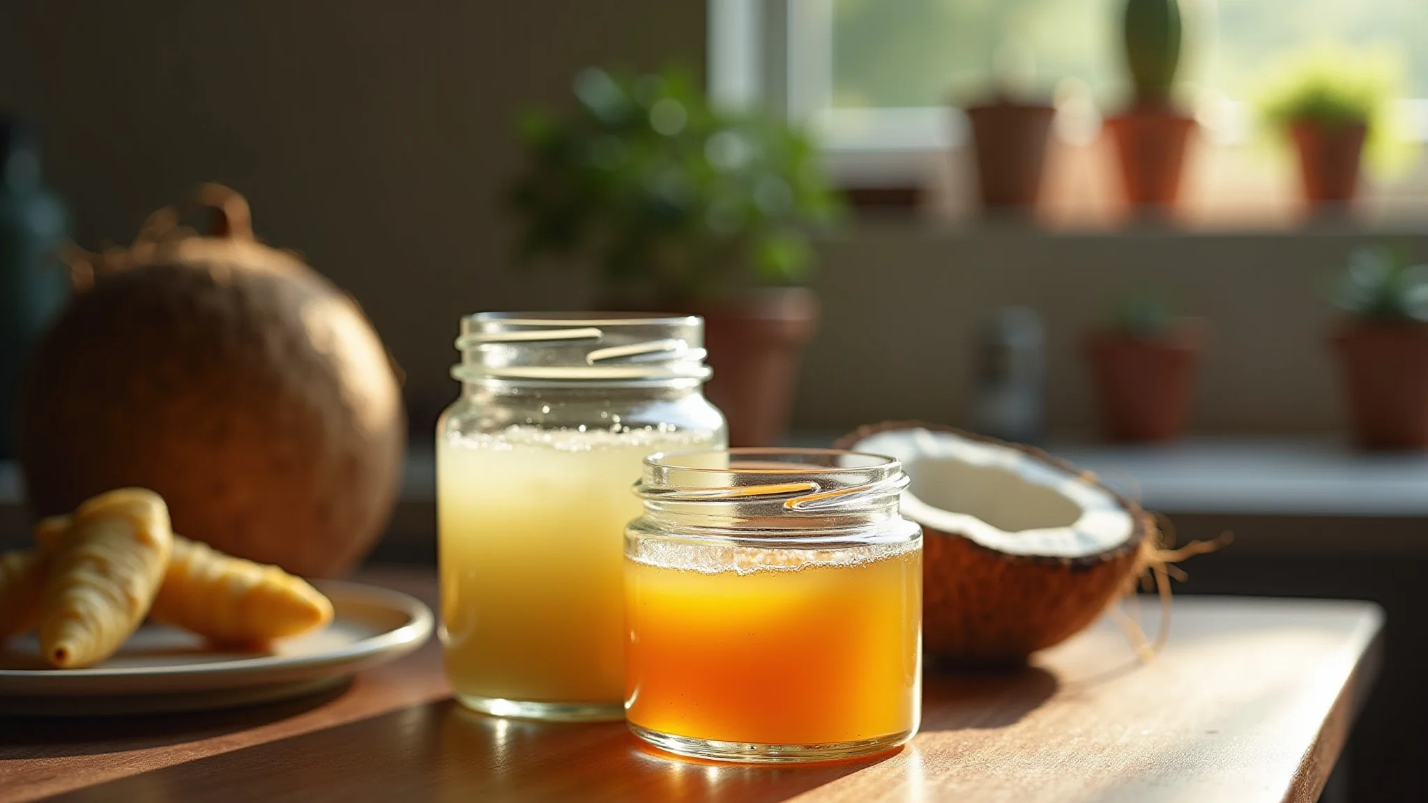 Ingredientes naturais para ativador de cachos caseiro em potes de vidro, cozinha rústica brasileira.