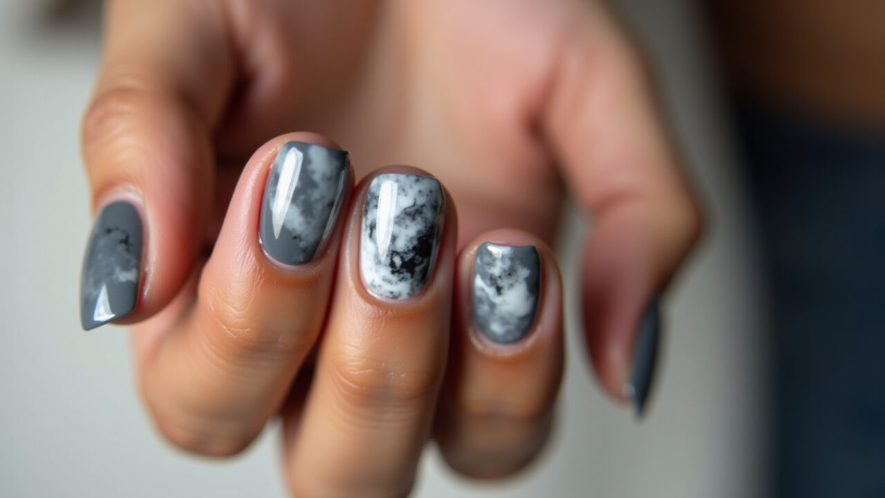 Unhas em gel com efeito mármore em tons de cinza e branco.