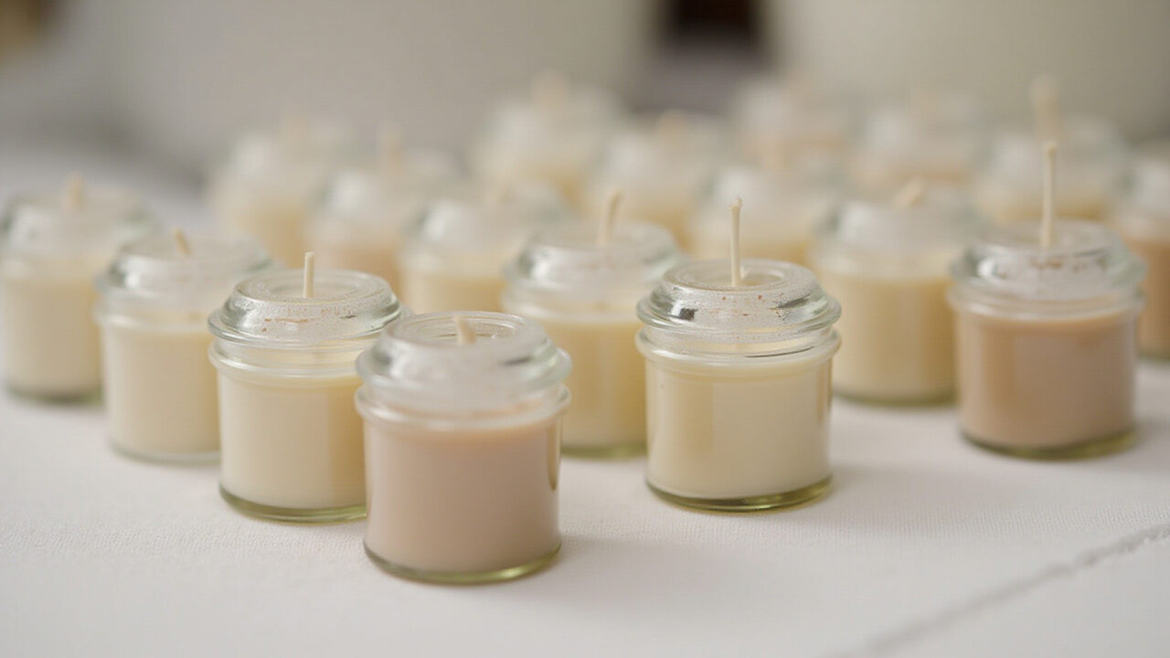 Mini velas aromáticas artesanais como lembrancinhas de casamento.