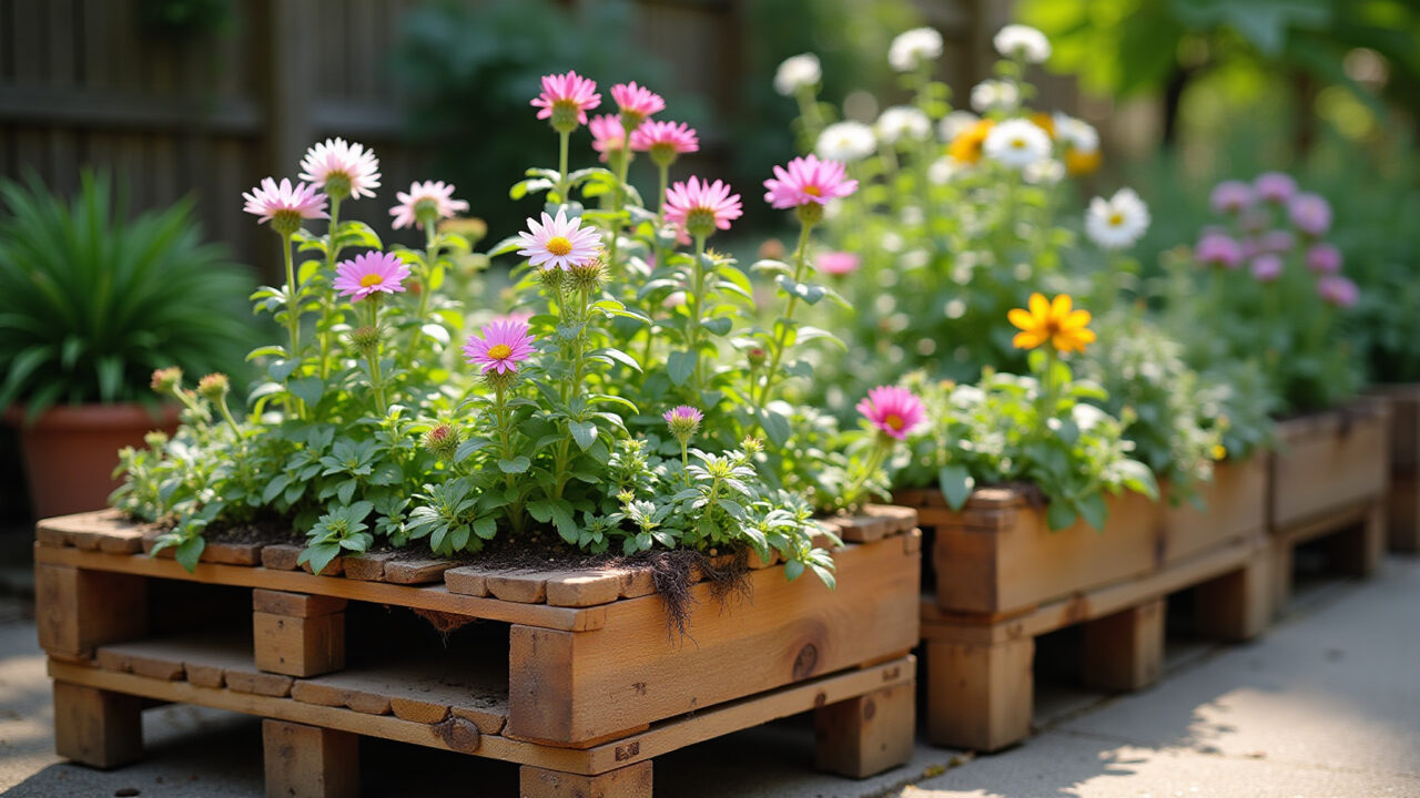 Professional photography of pallet planters showcasing various plants and flowers, arranged in a Cachepots de pallet com plantas e flores vibrantes.