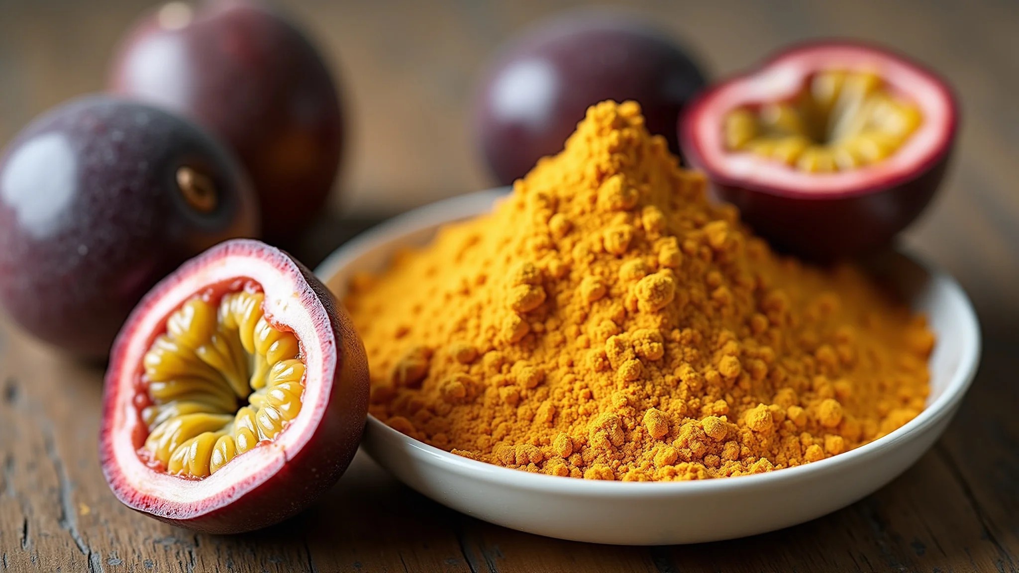 Maracujás cortados e farinha de maracujá em mesa de madeira.