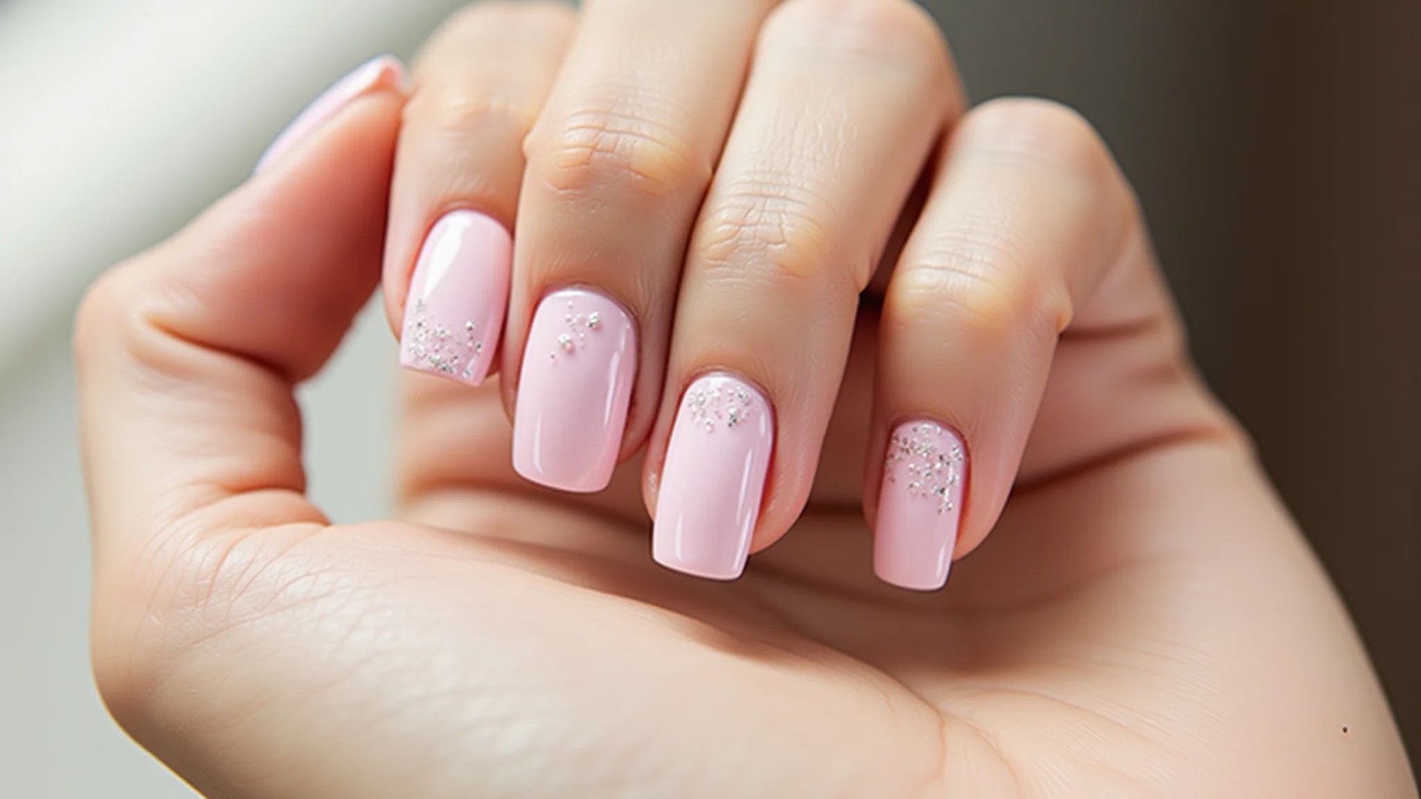 Unhas rosa pastel com glitter sutil, fotografia profissional.