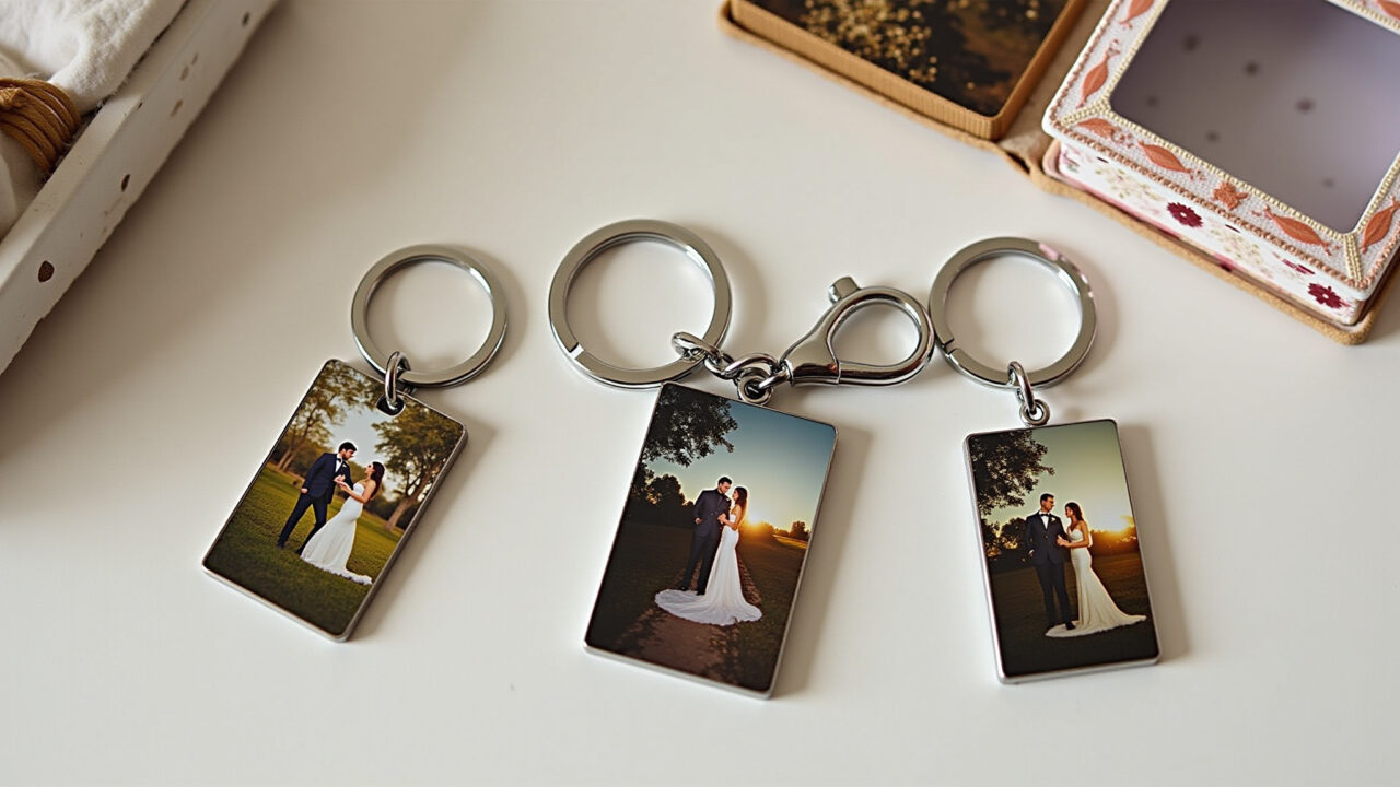 Chaveiros personalizados com fotos dos noivos como lembrancinhas de casamento.