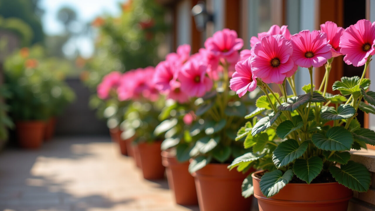 Professional photography of pink geraniums in pots on a Brazilian patio, sunny day, 8K quality, Gerânios cor de rosa em vasos em um pátio brasileiro.