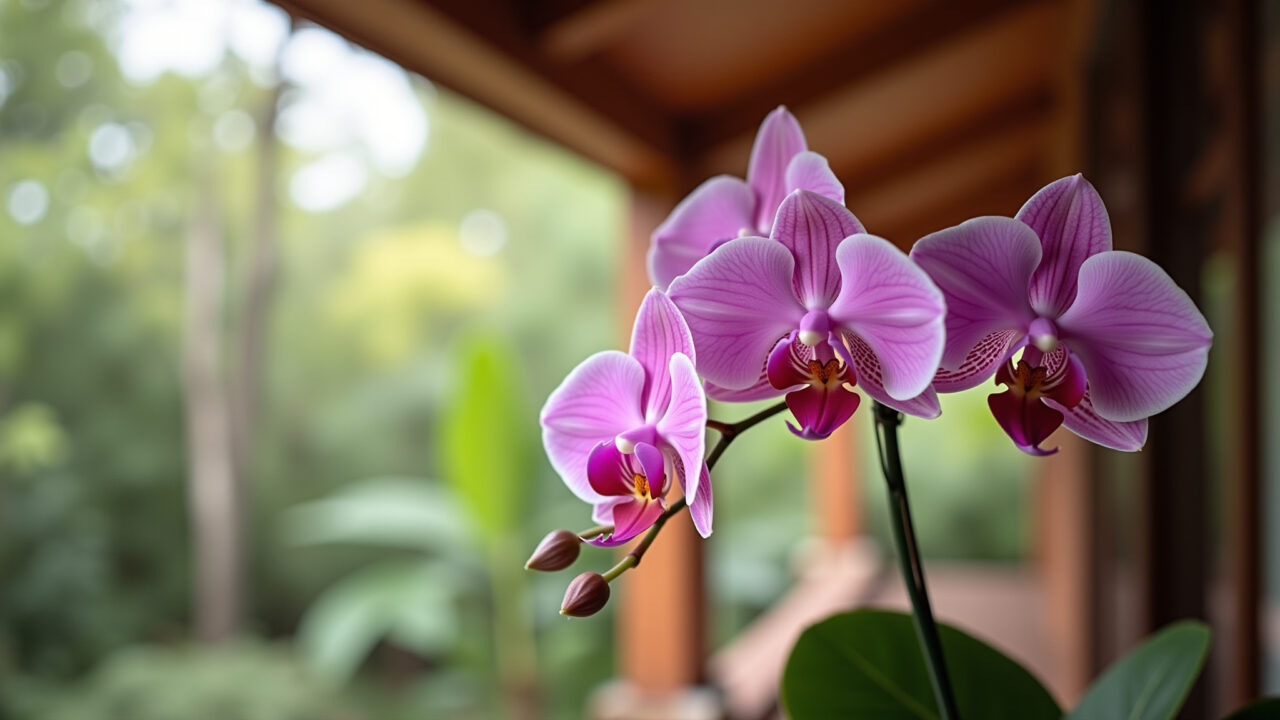Professional photography of pink Phalaenopsis orchids hanging in a Brazilian veranda, soft light, Orquídeas Phalaenopsis cor de rosa penduradas em varanda brasileira.